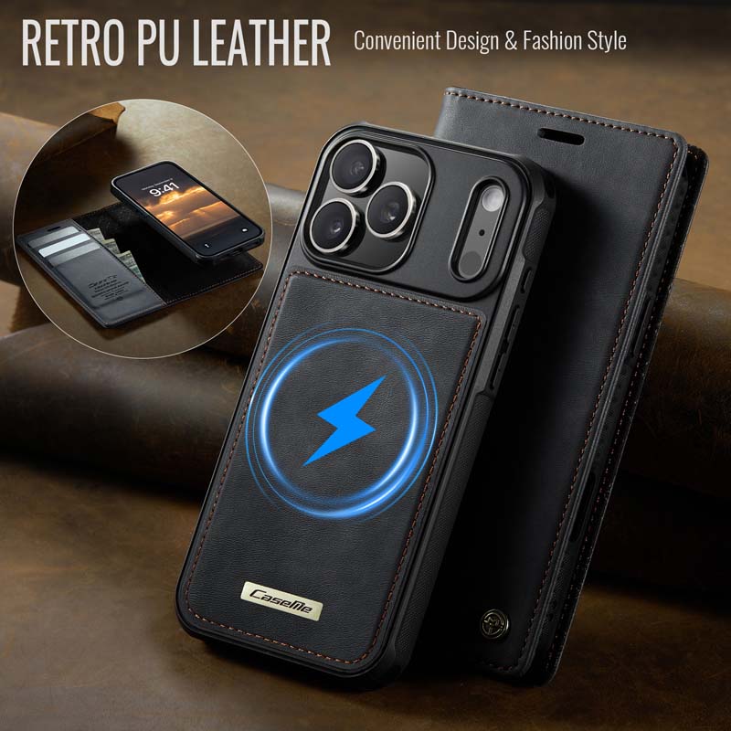 Caseme Leather Magnetic Flip Detachable Wallet Phone Case Black