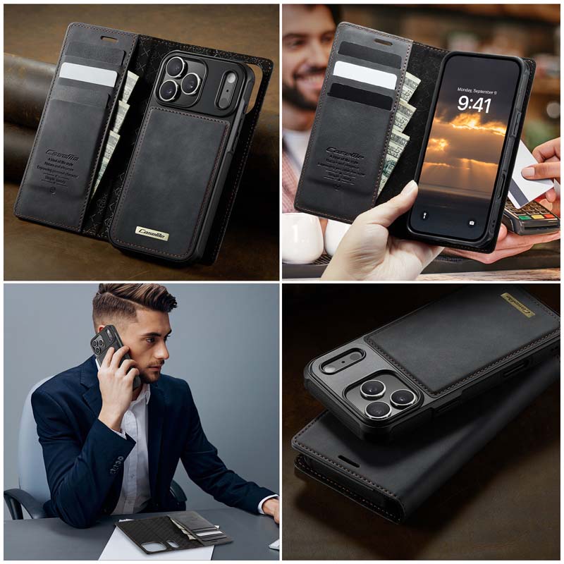 Caseme Leather Magnetic Flip Detachable Wallet Phone Case Black