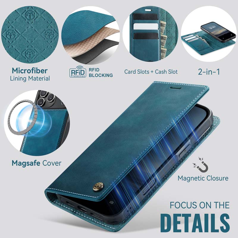 Caseme Leather Magnetic Flip Detachable Wallet Phone Case Blue Green
