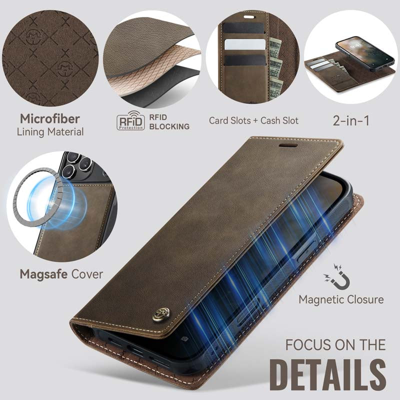 Caseme Leather Magnetic Flip Detachable Wallet Phone Case Brown