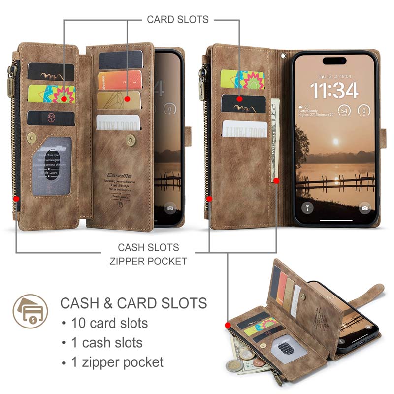 CaseMe Retro Zipper Wallet Case Brown