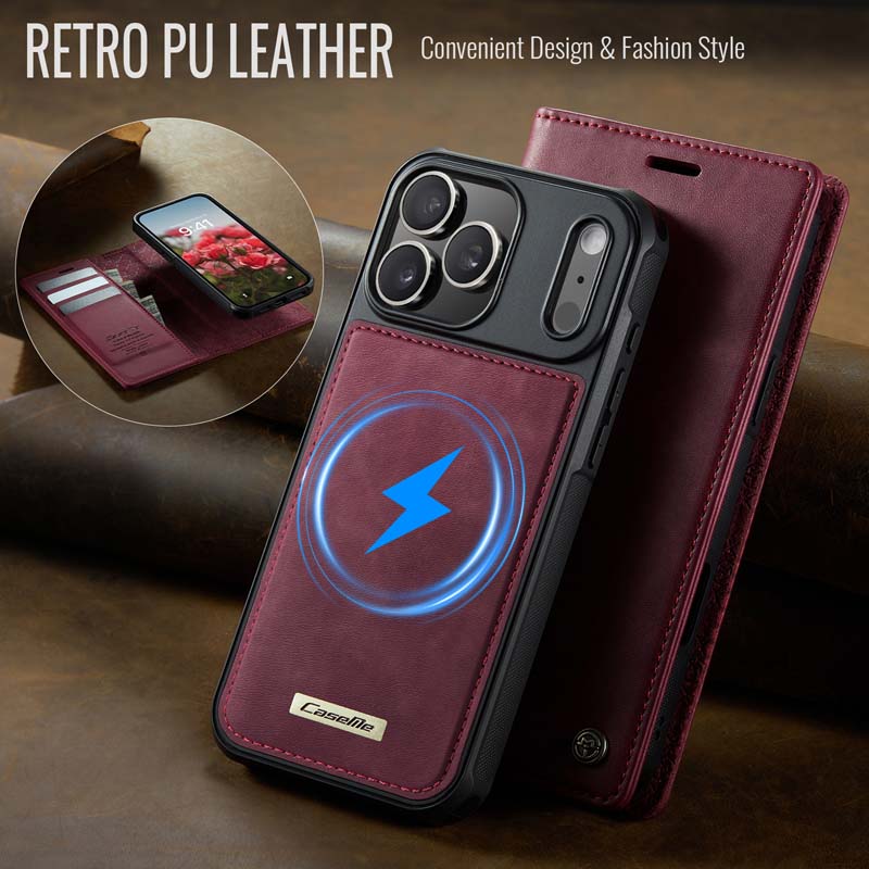 Caseme Leather Magnetic Flip Detachable Wallet Phone Case Red Wine