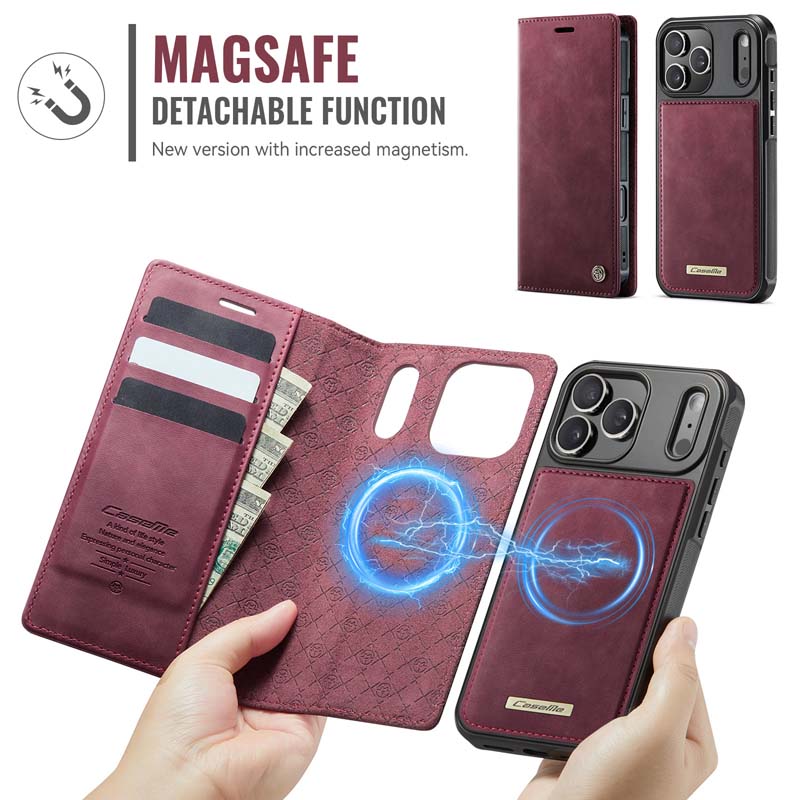 Caseme Leather Magnetic Flip Detachable Wallet Phone Case Red Wine